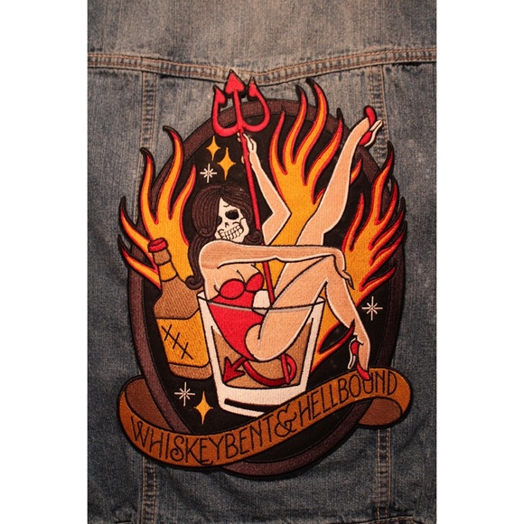 Denim Vest w/ Whiskey Bent & Hellbound Skull Pinup Patch - Picture 6 of 6